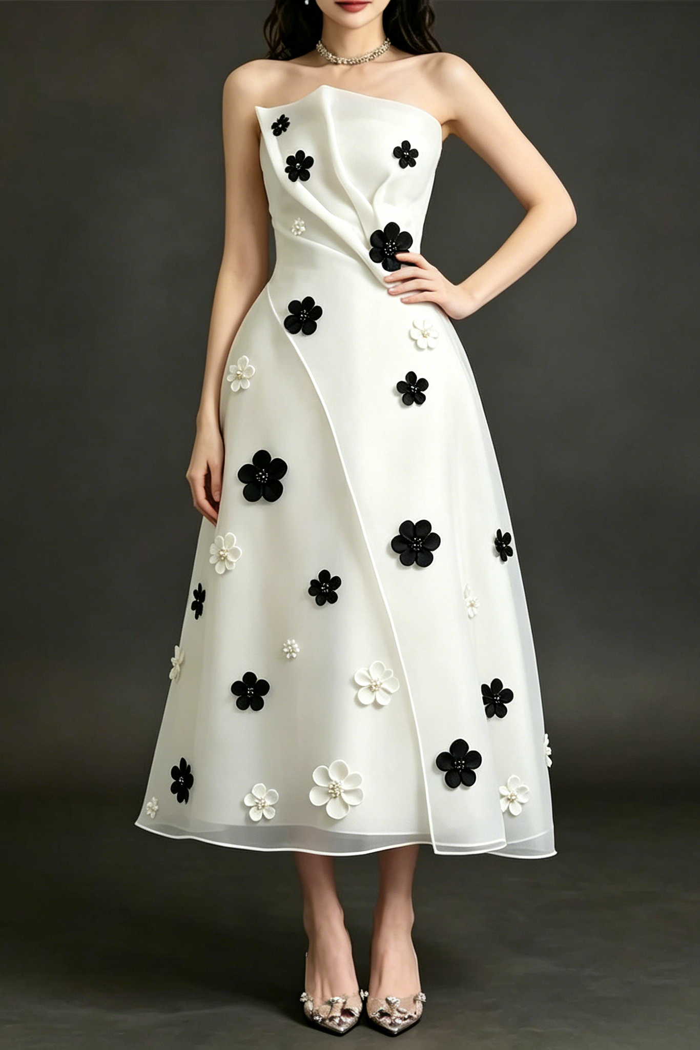 DRAPED STRAPLESS 3D FLORAL MIDI DRESS FOR EVENTS