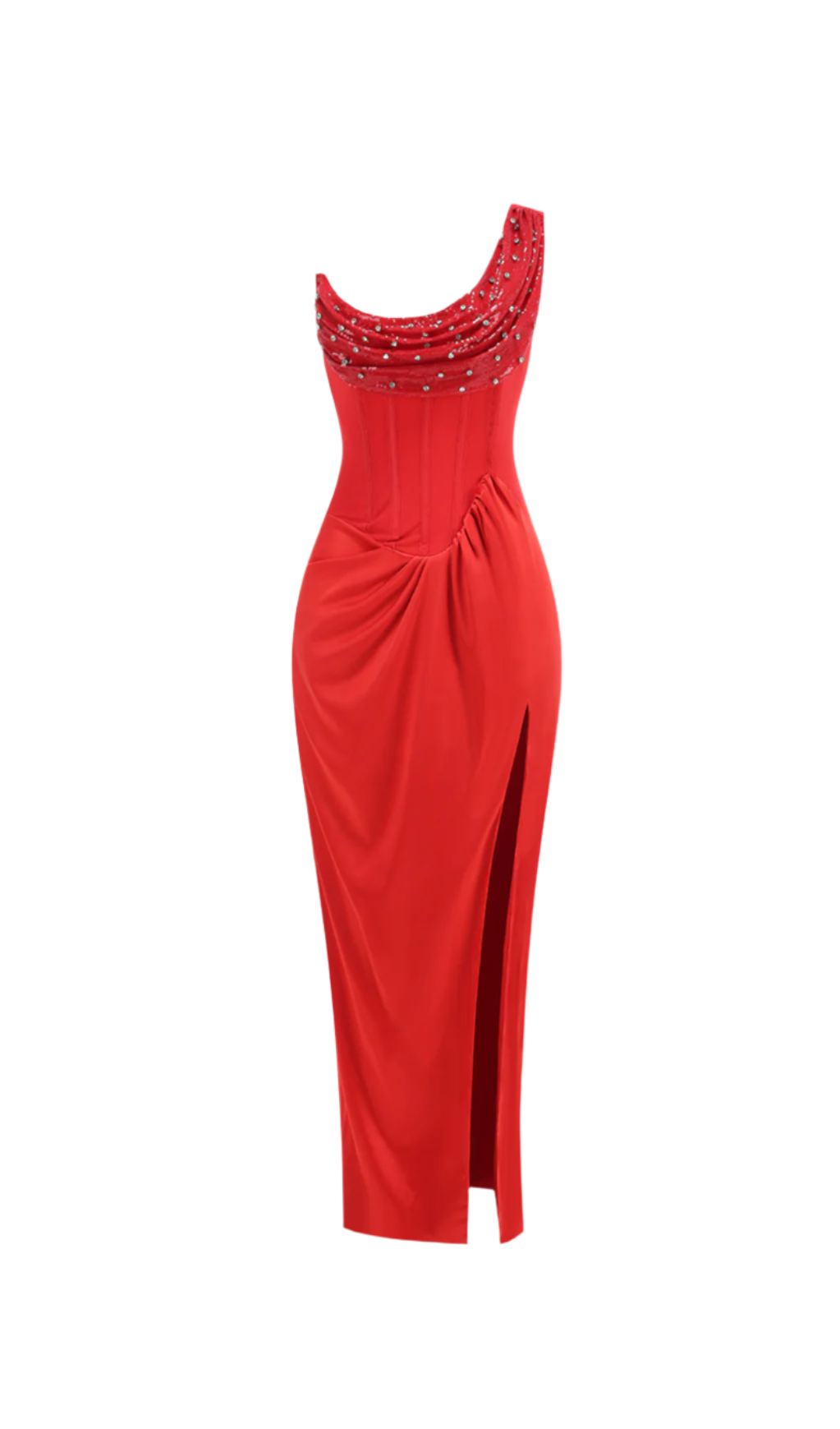 ELMA ONE-SHOULDER RED MAXI SLIT CRYSTAL DRESS