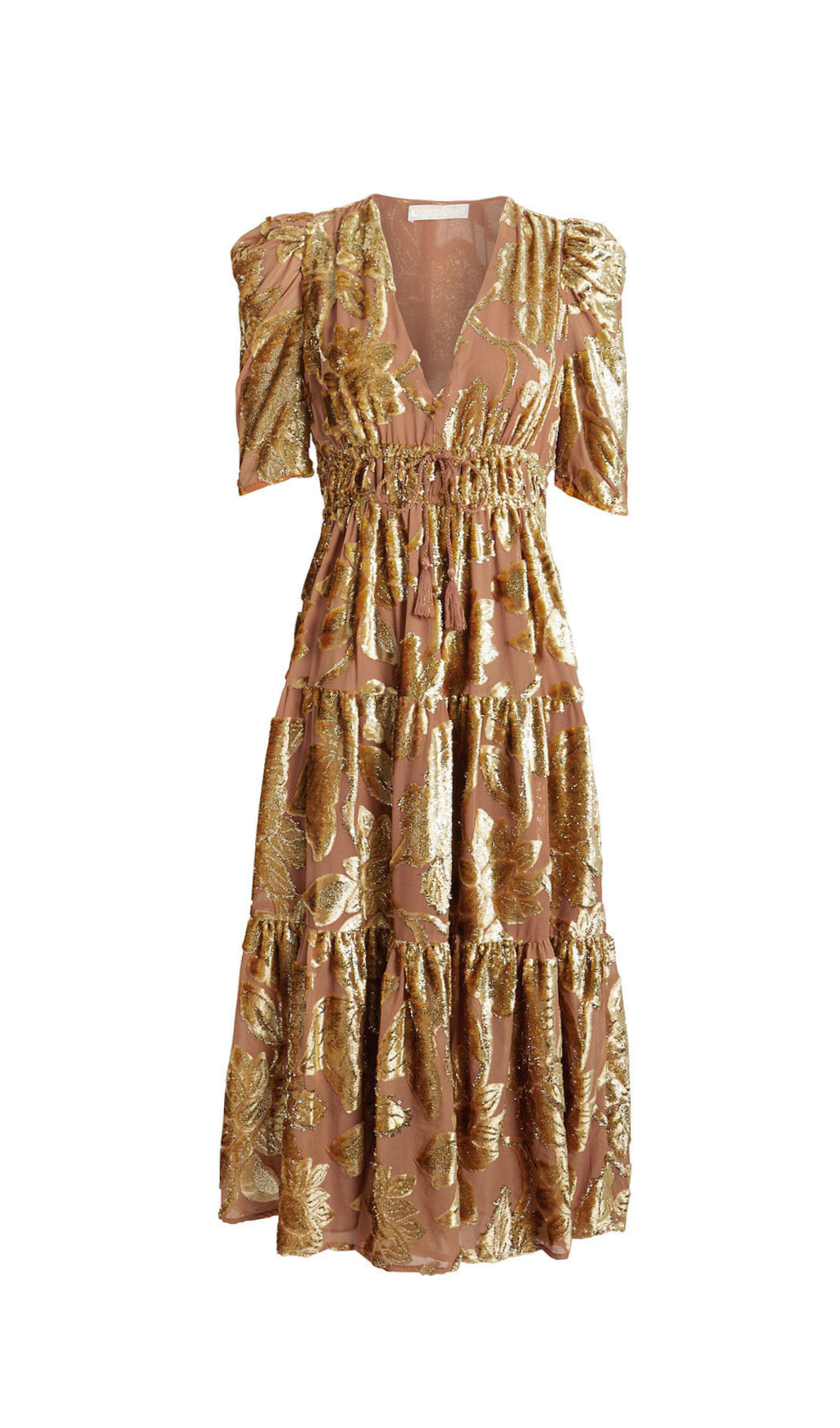 LORETTA GOLD METALLIC DEVORÉ MIDI DRESS