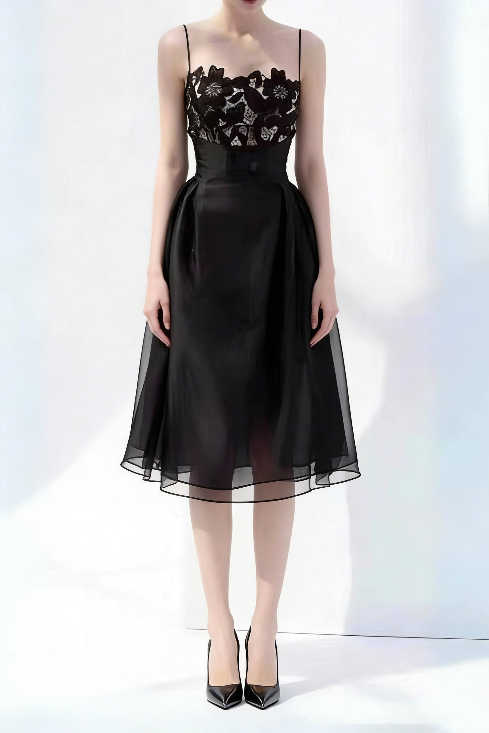 BLACK LACE MIDI DRESS WITH CAMISOLE BODICE
