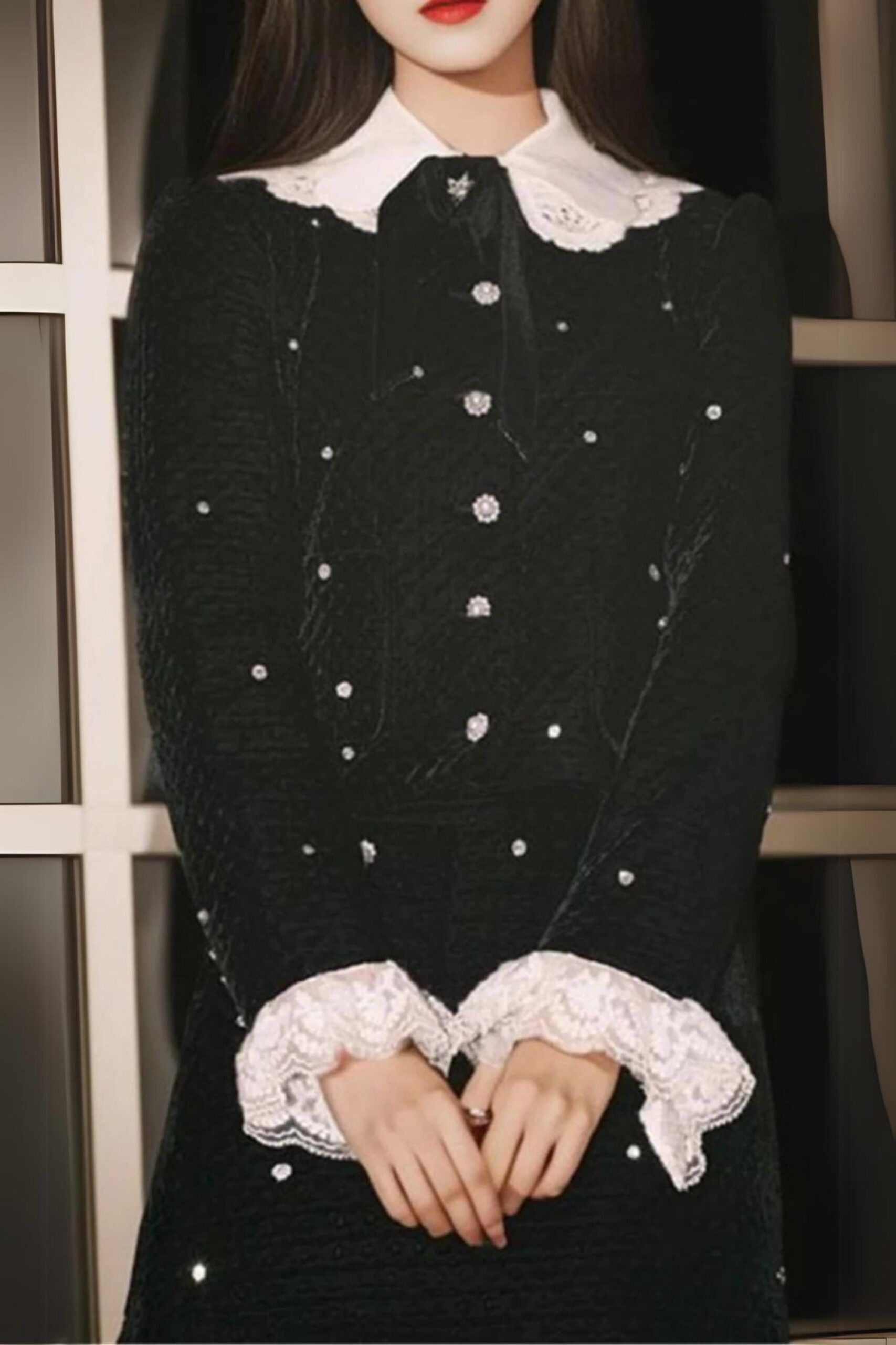 STARRY VELVET RHINESTONE LACE TRUMPET SLEEVE COAT SKIRT SUIT