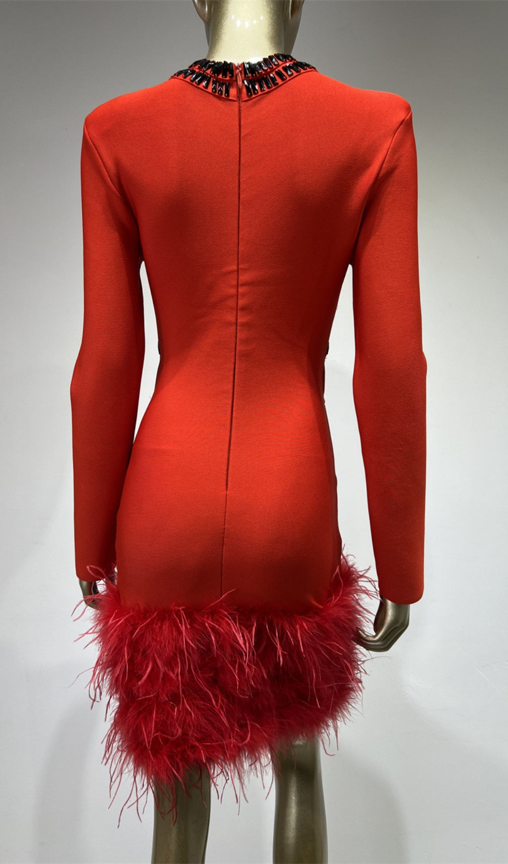 RHINESTONE CUTOUT FEATHER BANDAGE DRESS RED