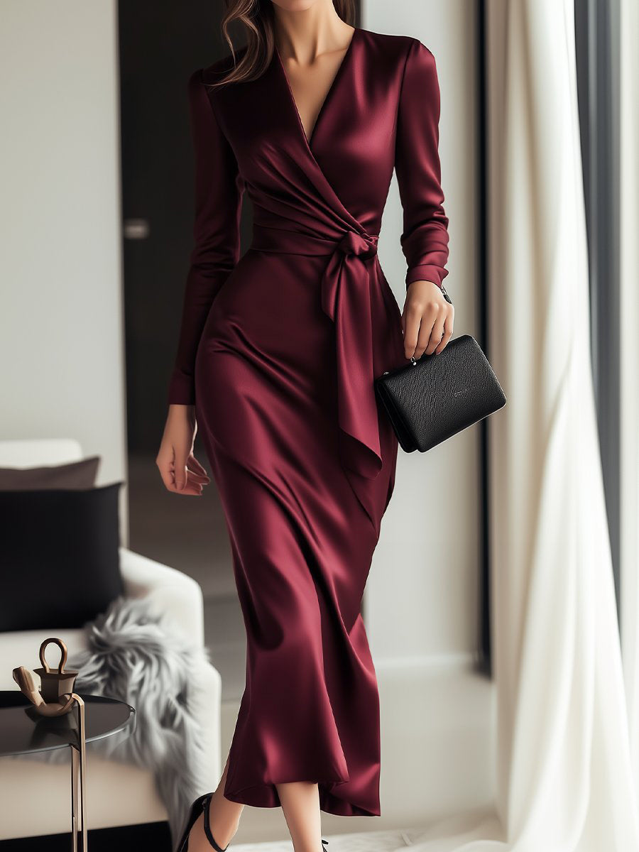 1_f19da9fb-1c67-4091-bf59-3df601378cae BURGUNDY SATIN WRAP DRESS WITH WAIST TIE FOR EVENTS