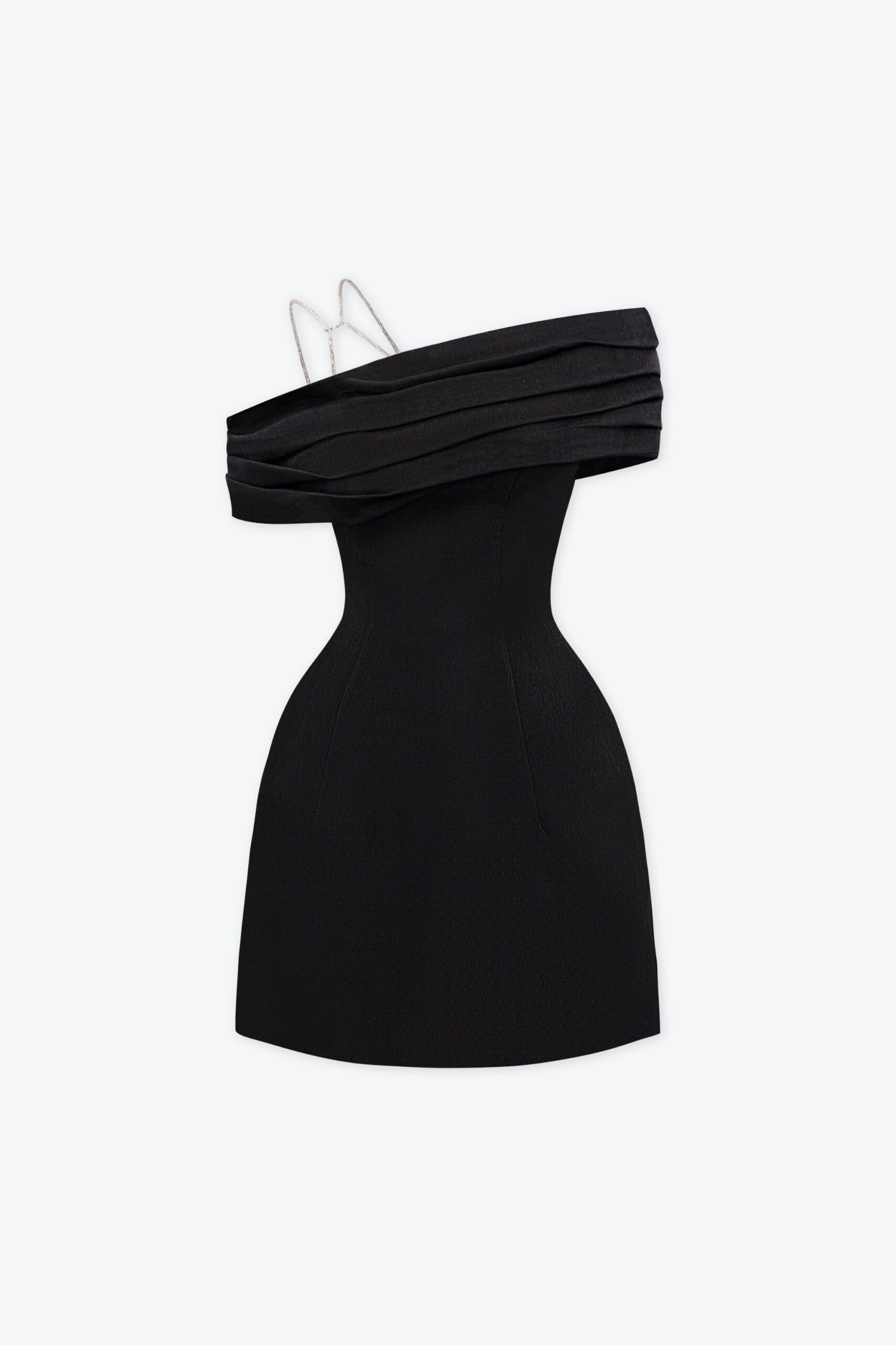 ASYMMETRIC NECK TAFFETA MINI DRESS BLACK