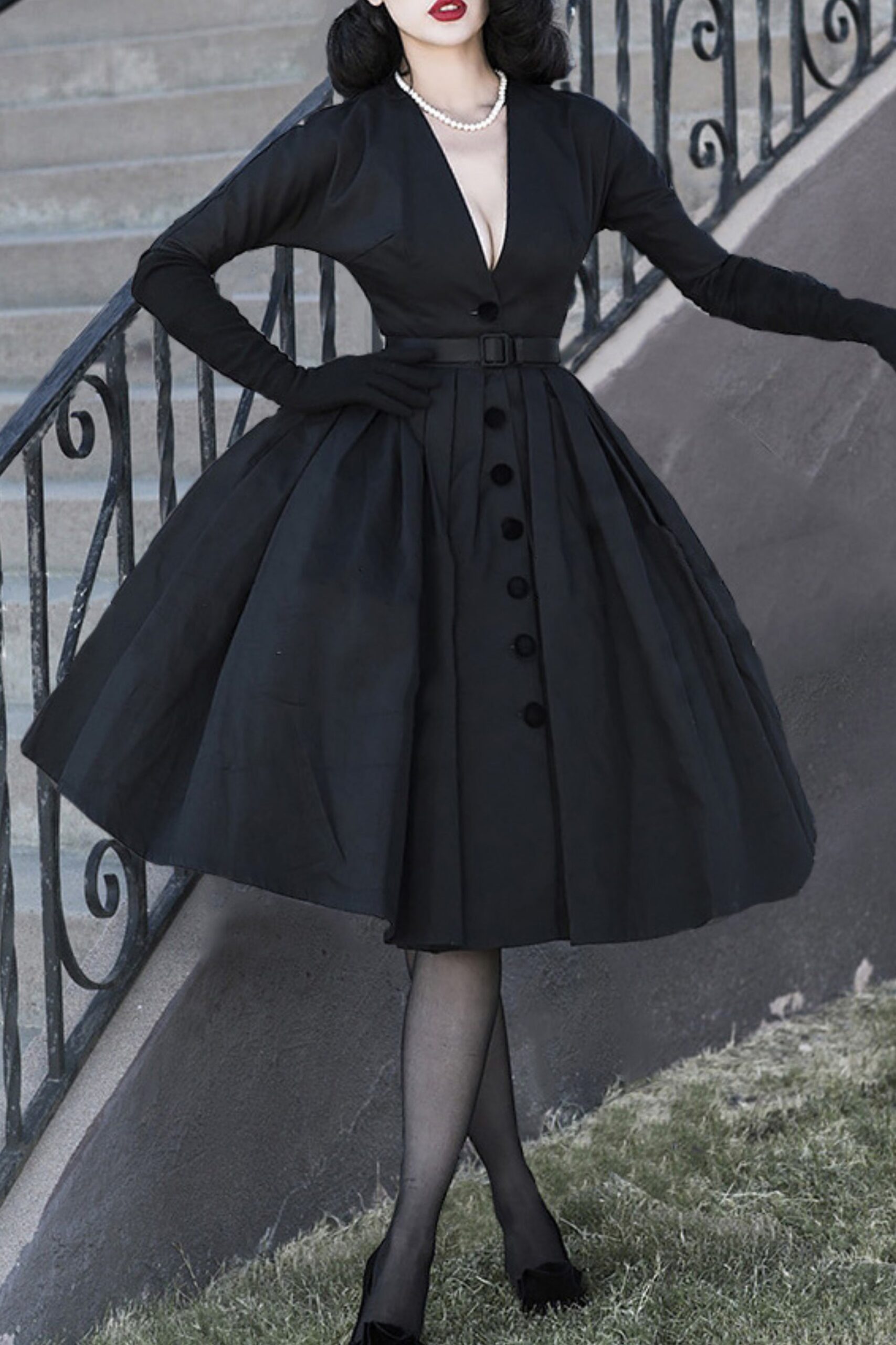 1_f2036513-b5e9-4e98-aa31-01d00cb6bb90 V-NECK MIDI DRESS BLACK, ELEGANT EVENING WEAR