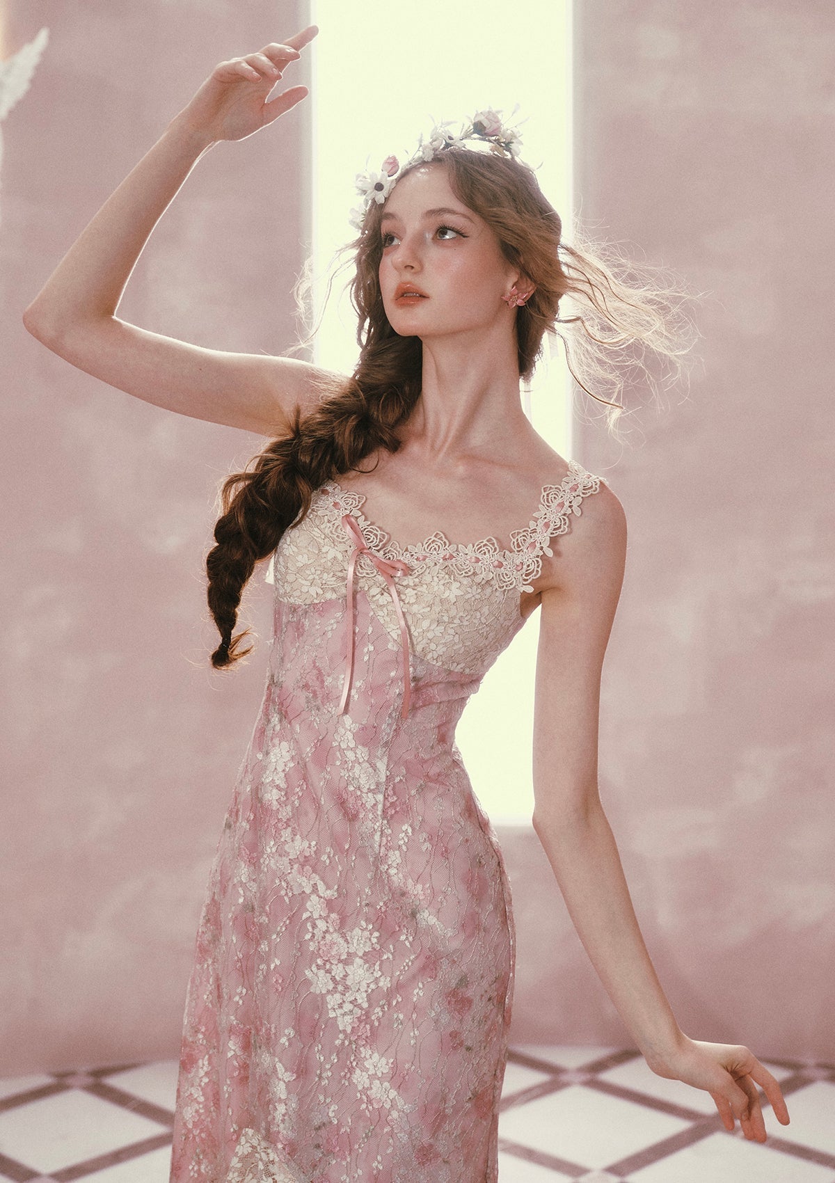 MANDY PINK FLORAL LACE MIDI DRESS FOR WEDDING