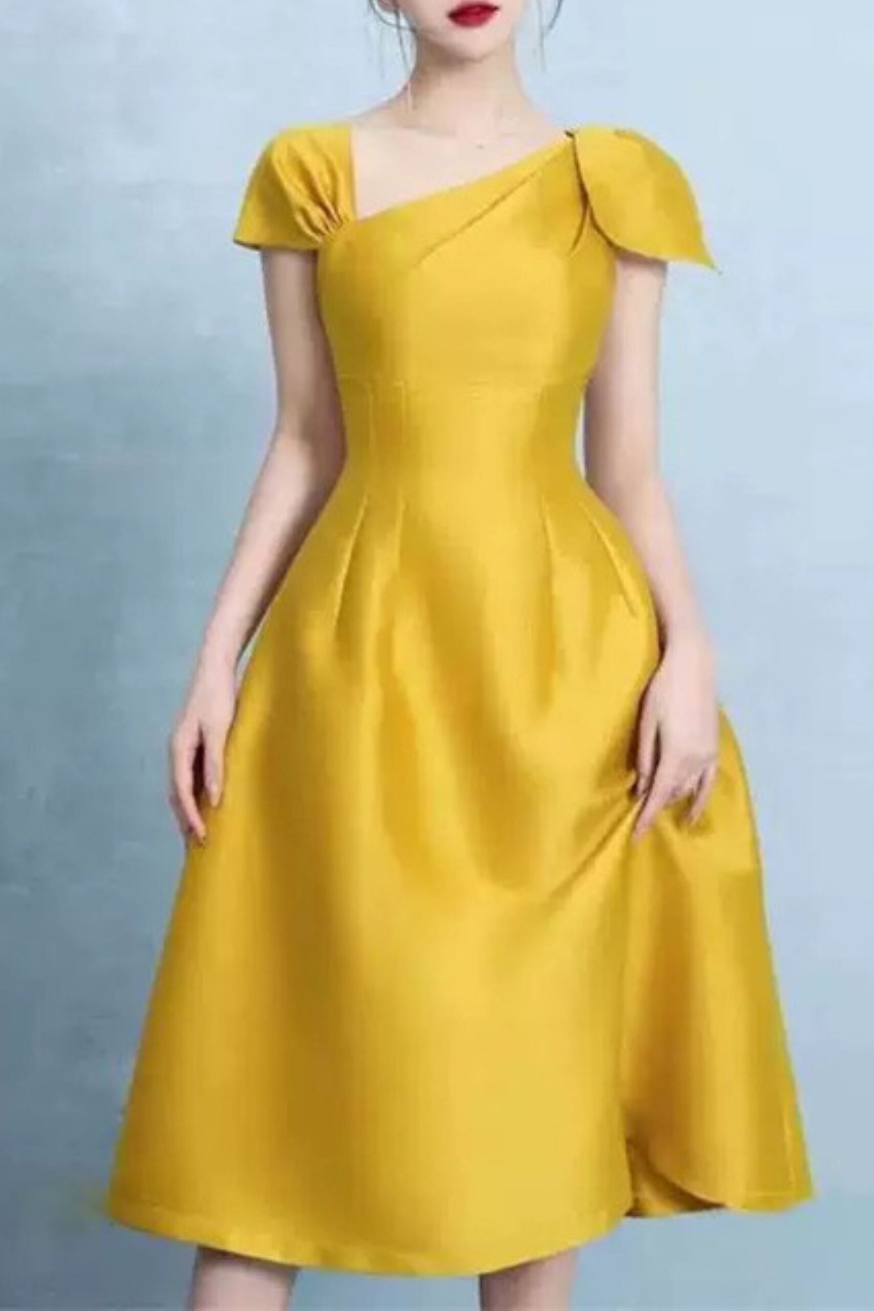 YELLOW ASYMMETRIC DRESS | OFF-SHOULDER PARTY MAXI
