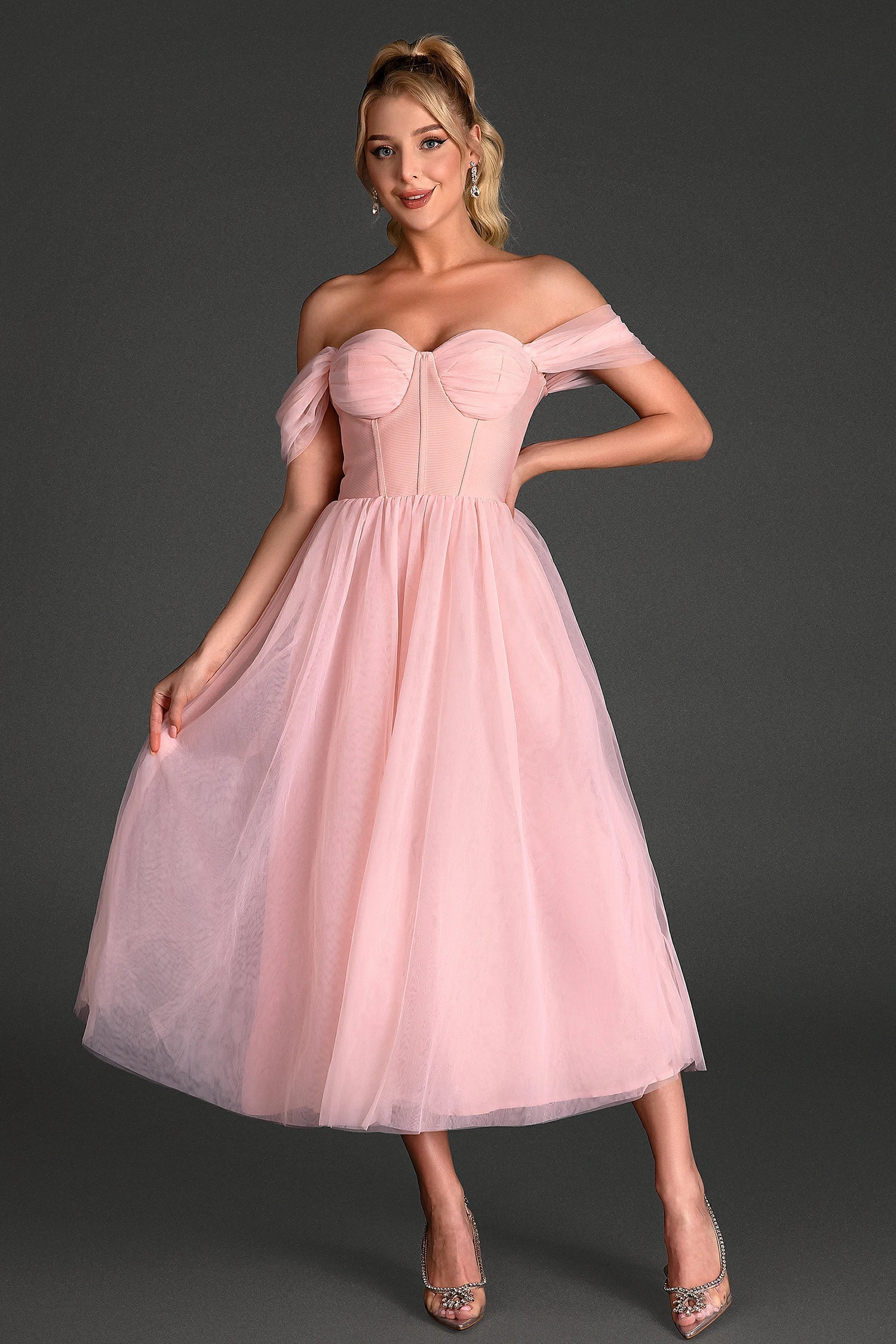 SIMAS OFF-SHOULDER PATCHWORK MESH PARTY DRESS