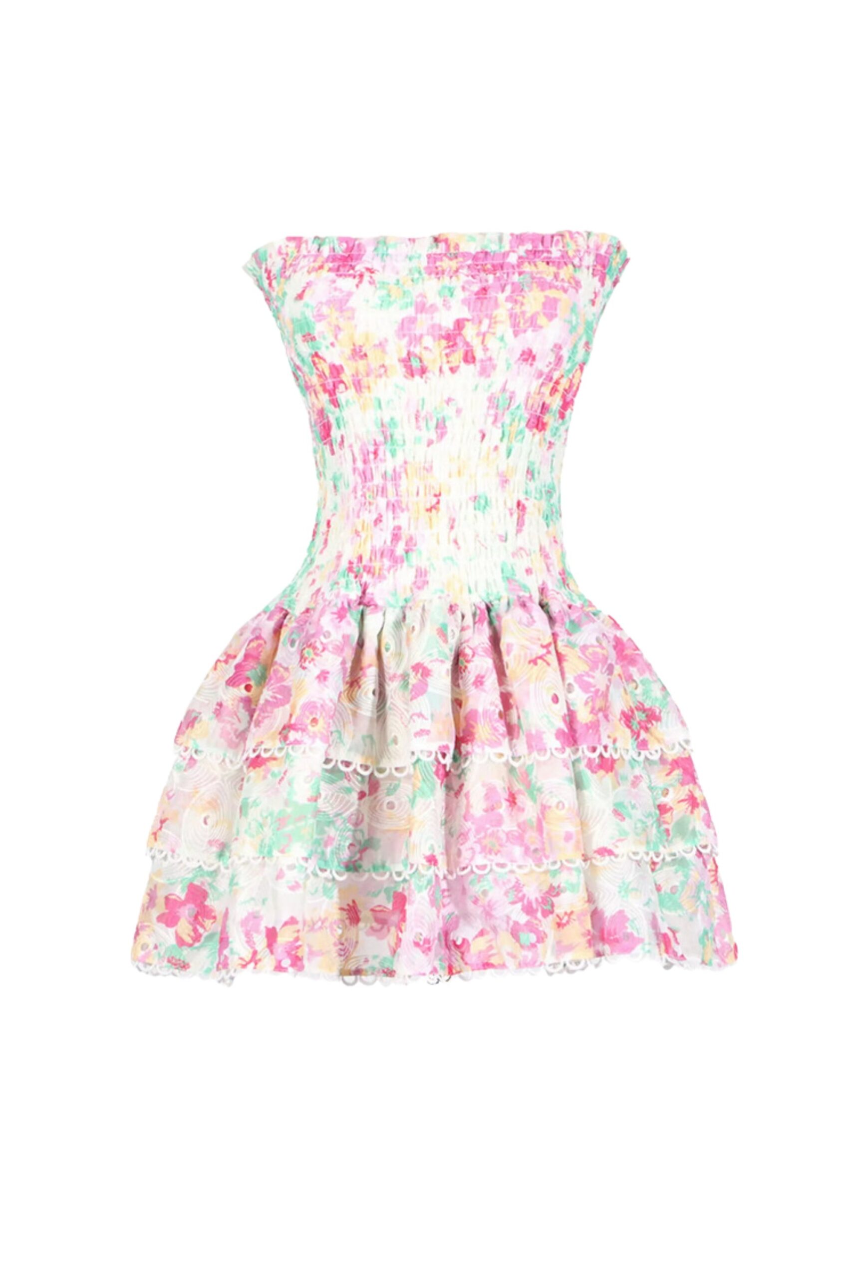 WHITE FLORAL RUCHED STRAPLESS MINI DRESS FOR PARTY