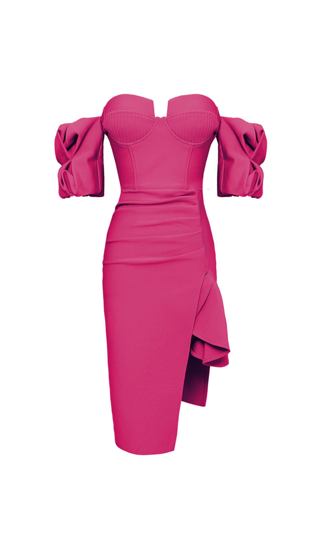 STRAPLESS DRAPE SLEEVE SLIT BANDAGE DRESS ROSE RED