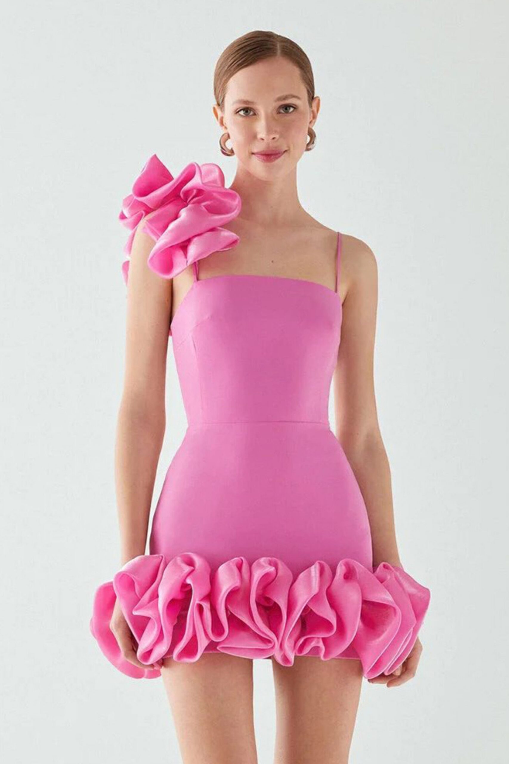 RUFFLE ONE SHOULDER PINK MINI DRESS FOR PARTY