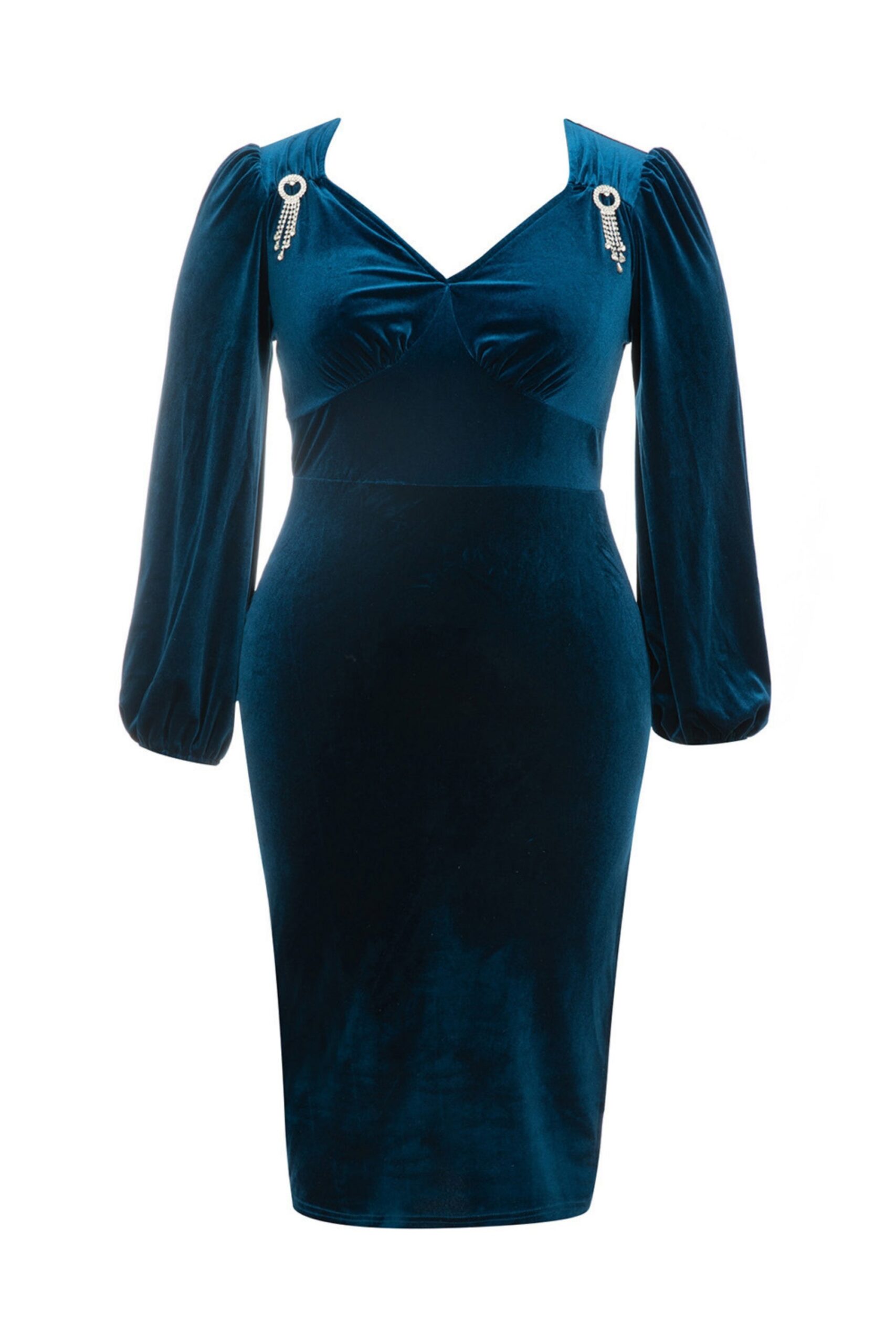 PUFF SLEEVE VELVET MIDI DRESS, HIGH SPLIT, EVENING