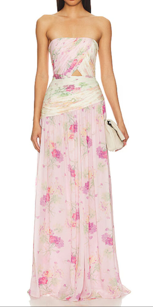 PINTIL STRAPLESS PLEATED FLORAL MAXI DRESS IN MULTI PINTIL STRAPLESS PLEATED FLORAL MAXI DRESS IN MULTI