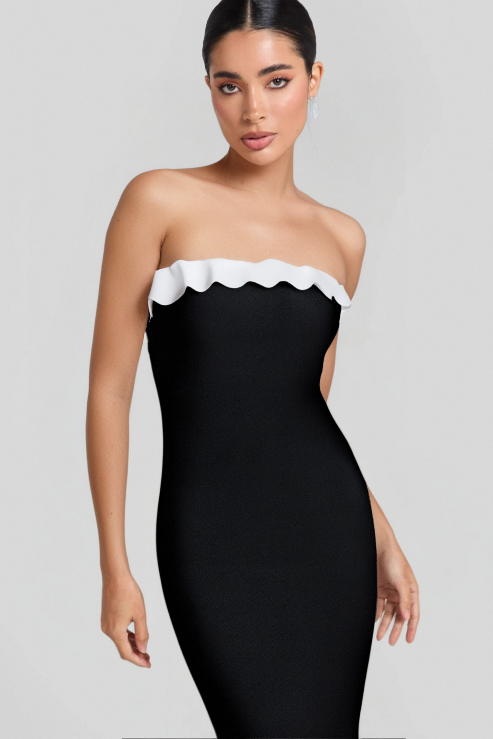 STRAPLESS BANDAGE BODYCON MIDI DRESS BLACK