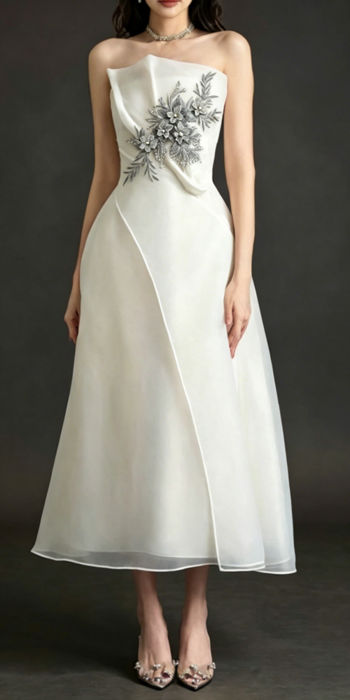 Strapless Layered Organza Midi Dress In White With Graay Flower Embroi Strapless Layered Organza Midi Dress In White With Graay Flower Embroi