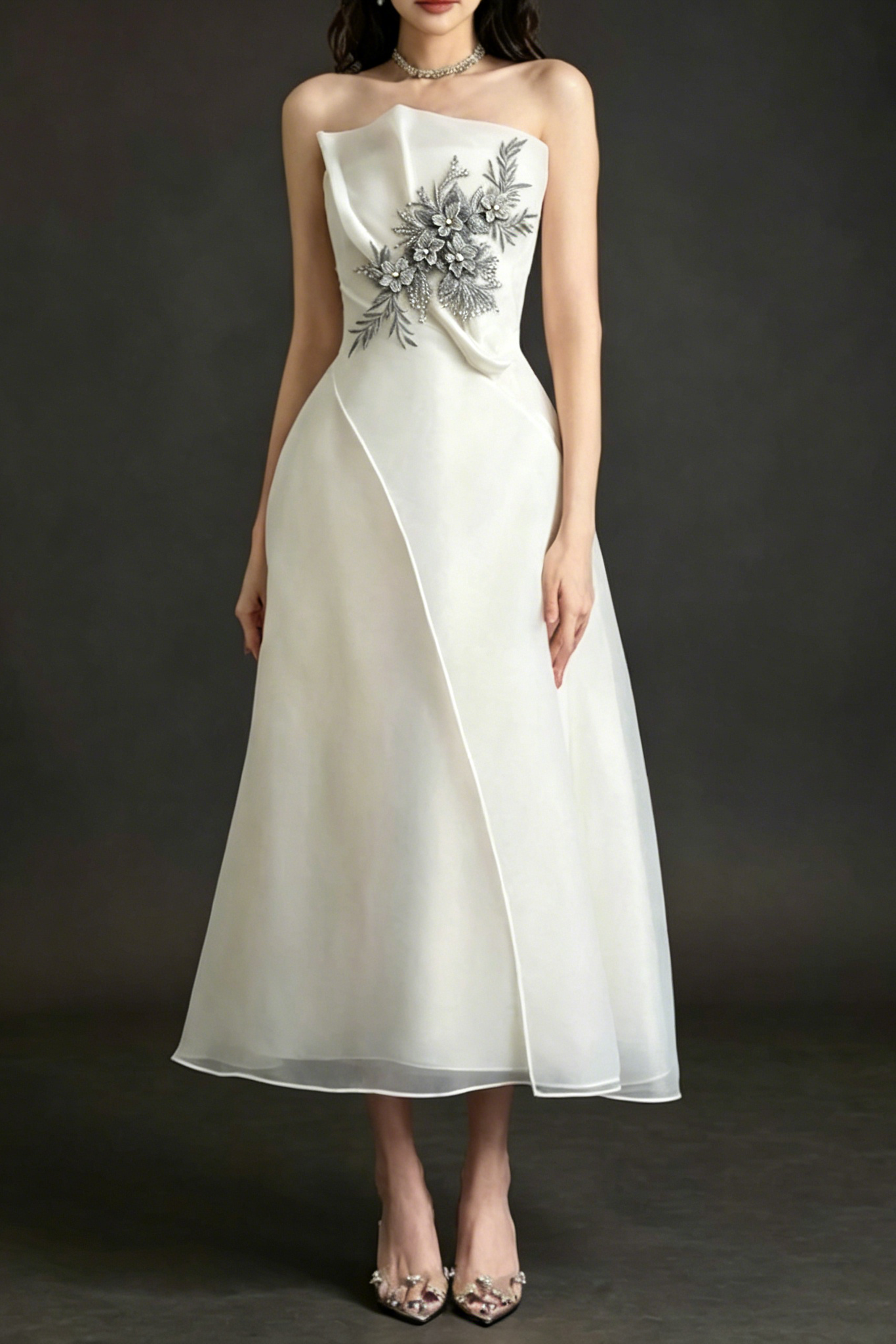 Strapless Layered Organza Midi Dress In White With Graay Flower Embroi