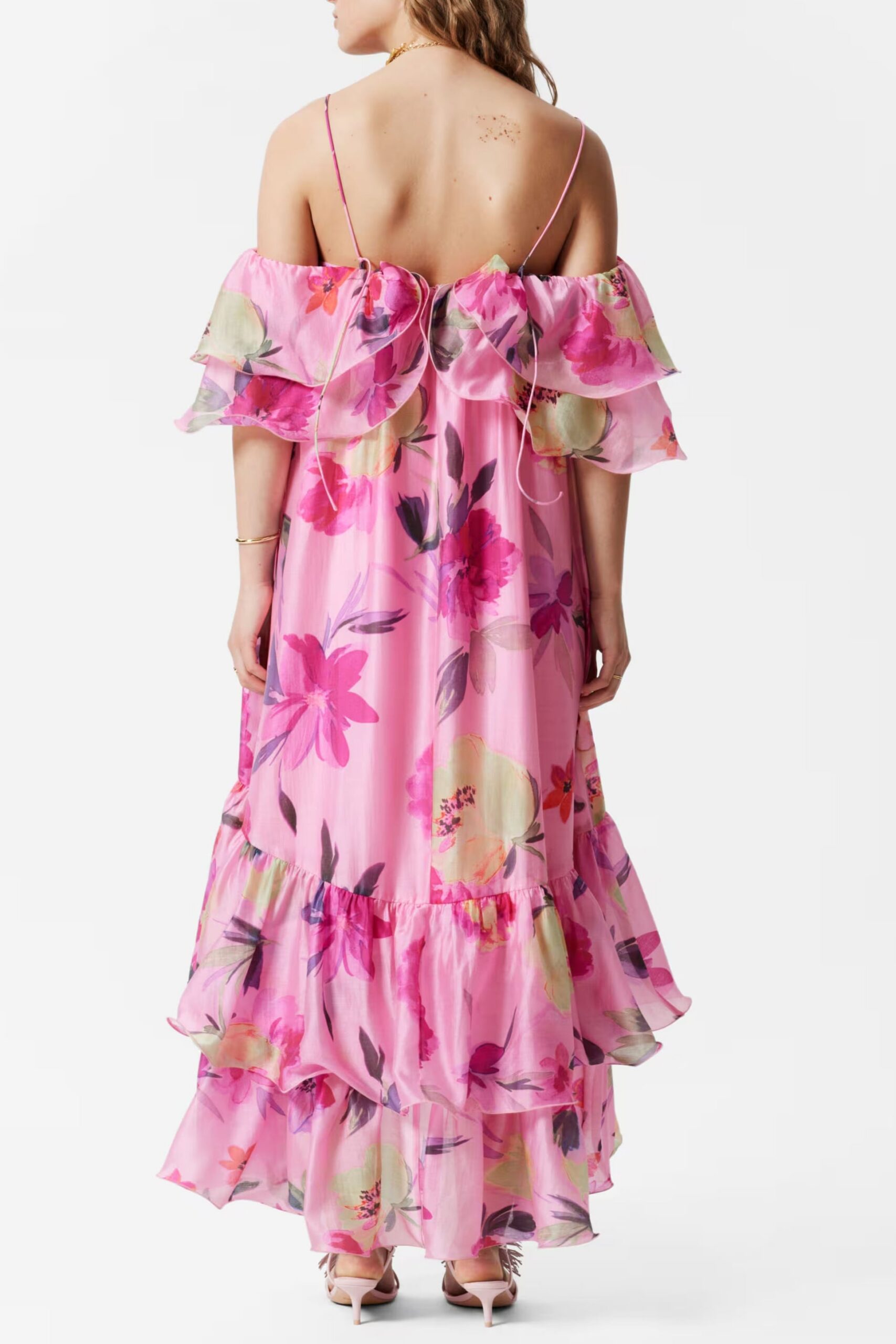 HEDWIG OFF-SHOULDER FLORAL RUFFLE MAXI DRESS ROSE RED