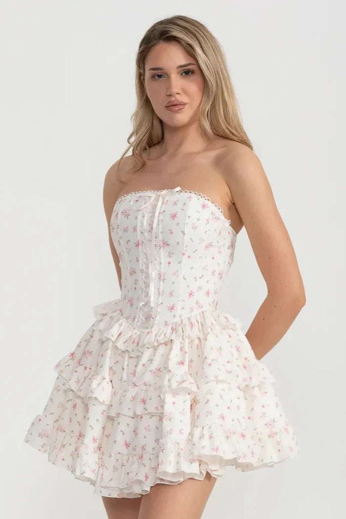 MARTHA RUFFLE STRAPLESS MINI DRESS IN PINK