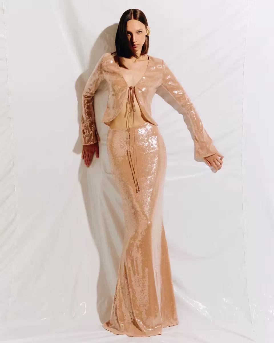 GLITTER SEQUIN TWO PIECE SET - NUDE COORD FOR PARTY