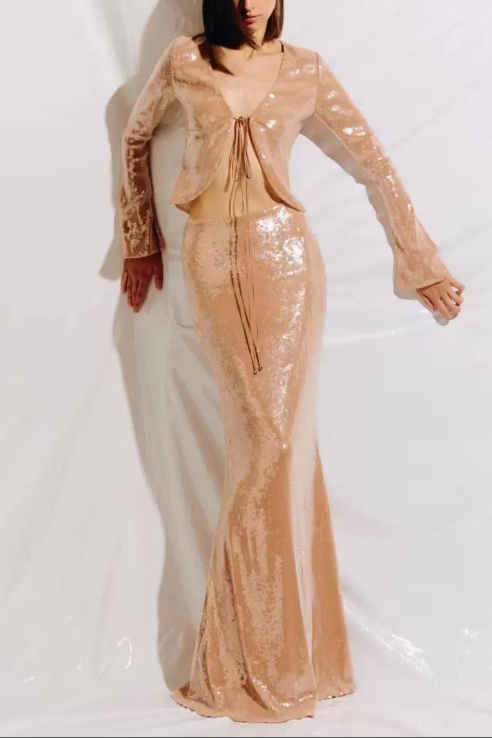 GLITTER SEQUIN TWO PIECE SET - NUDE COORD FOR PARTY