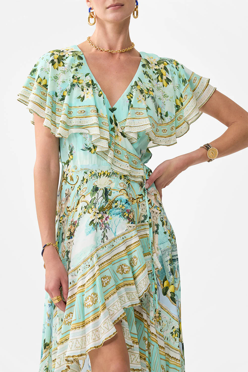 GREEN MULTI PRINTED RUFFLED V-NECK MAXI DRESS