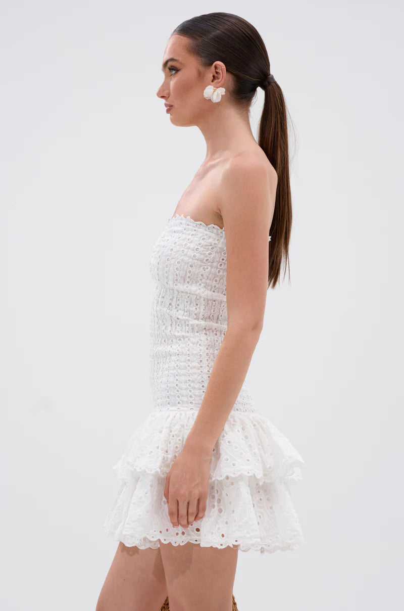 WHITE EYELET STRAPLESS LAYERED MINI DRESS