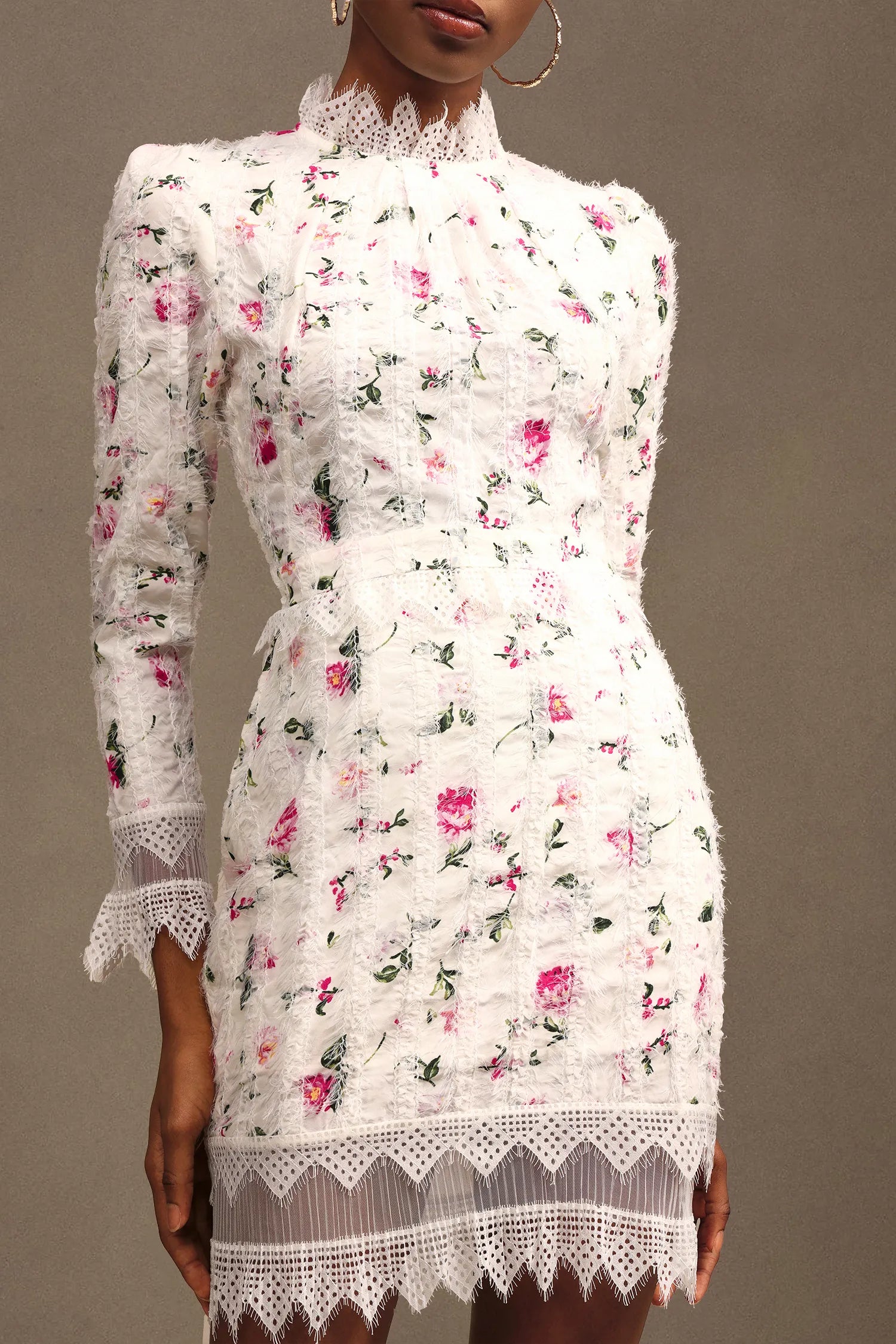 SEBASTIANE WHITE LACE-TRIM FLORAL MIDI DRESS