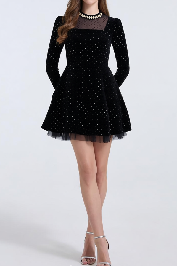 WENDY VELVET POLKA DOT MINI DRESS, BLACK, LONG SLEEVE
