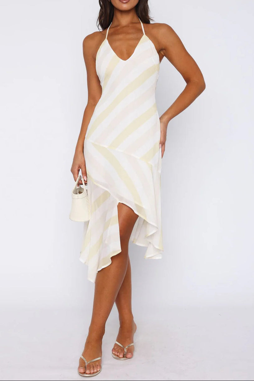 BACKLESS CITRUS STRIPE MIDI DRESS IVORY