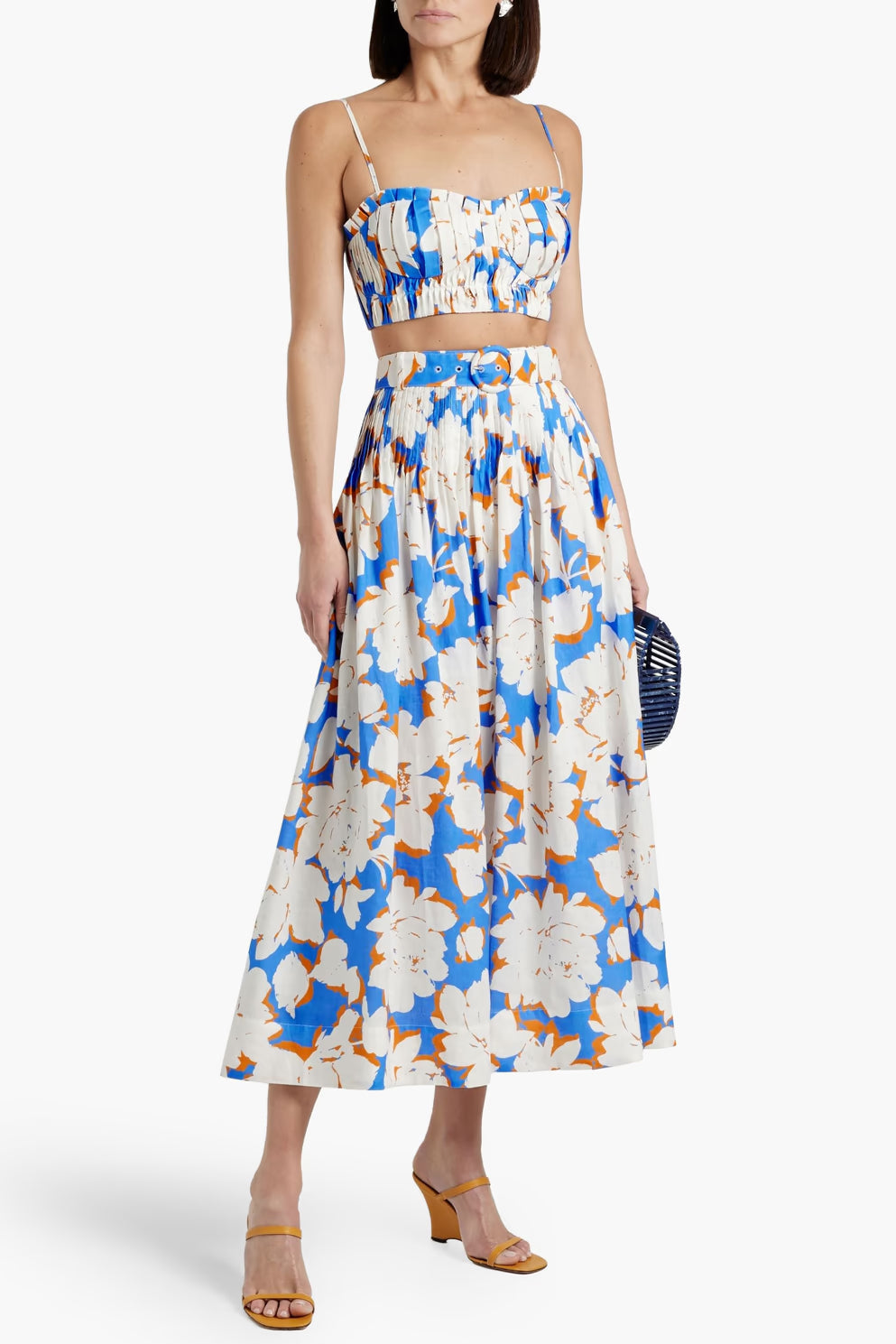 1bca1a6a-f501-408f-9e19-e0a9aff56f21 PLEATED FLORAL BUSTIER TOP & SKIRT SET, BLUE, BEACH