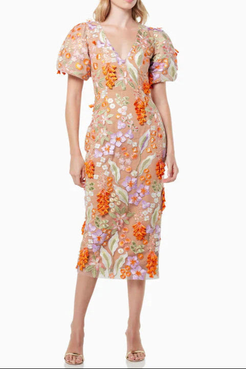 3D FLOWER V-NECK PUFF SLEEVE MIDI DRESS, ORANGE