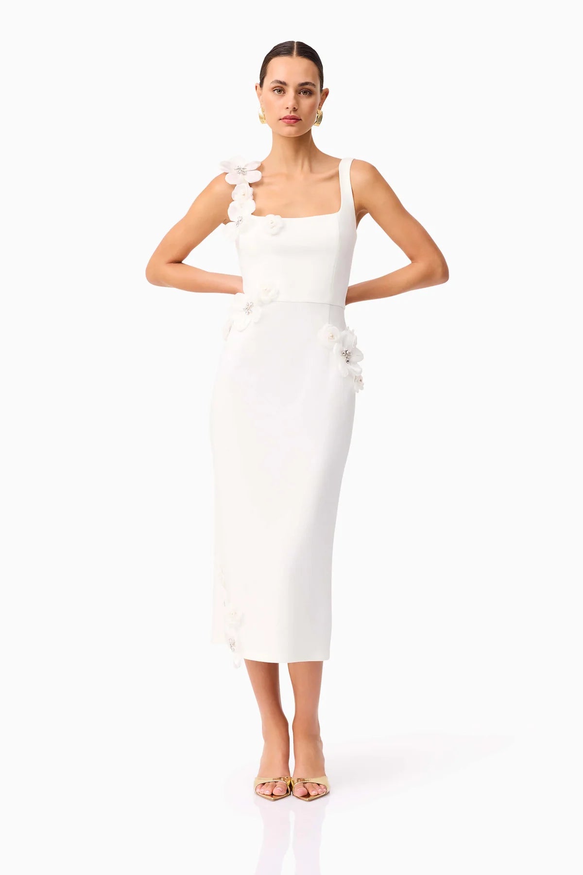 SABRINA 3D FLOWER WHITE MIDI DRESS
