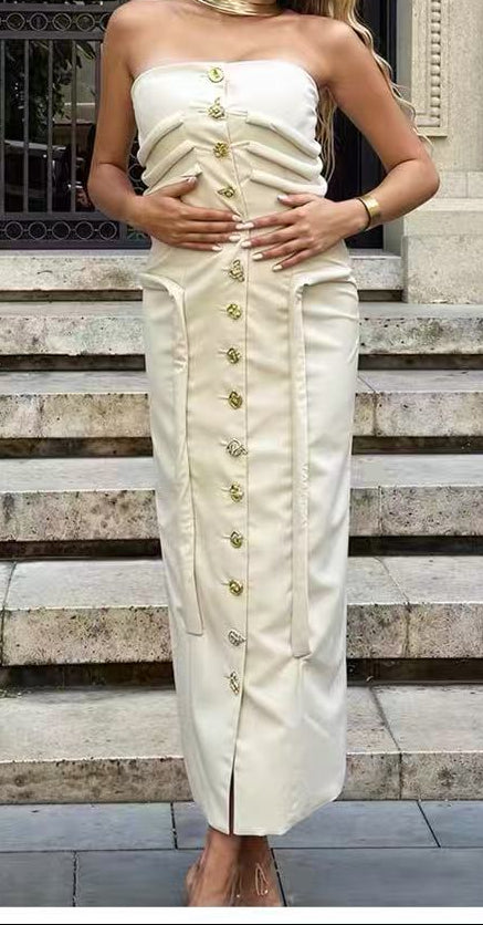STRAPLESS KNOTTED MIDI DRESS, CREAM WEDDING GUEST