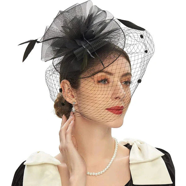 MESH COCKTAIL HAT WITH VEIL, VINTAGE WEDDING FASCINATOR