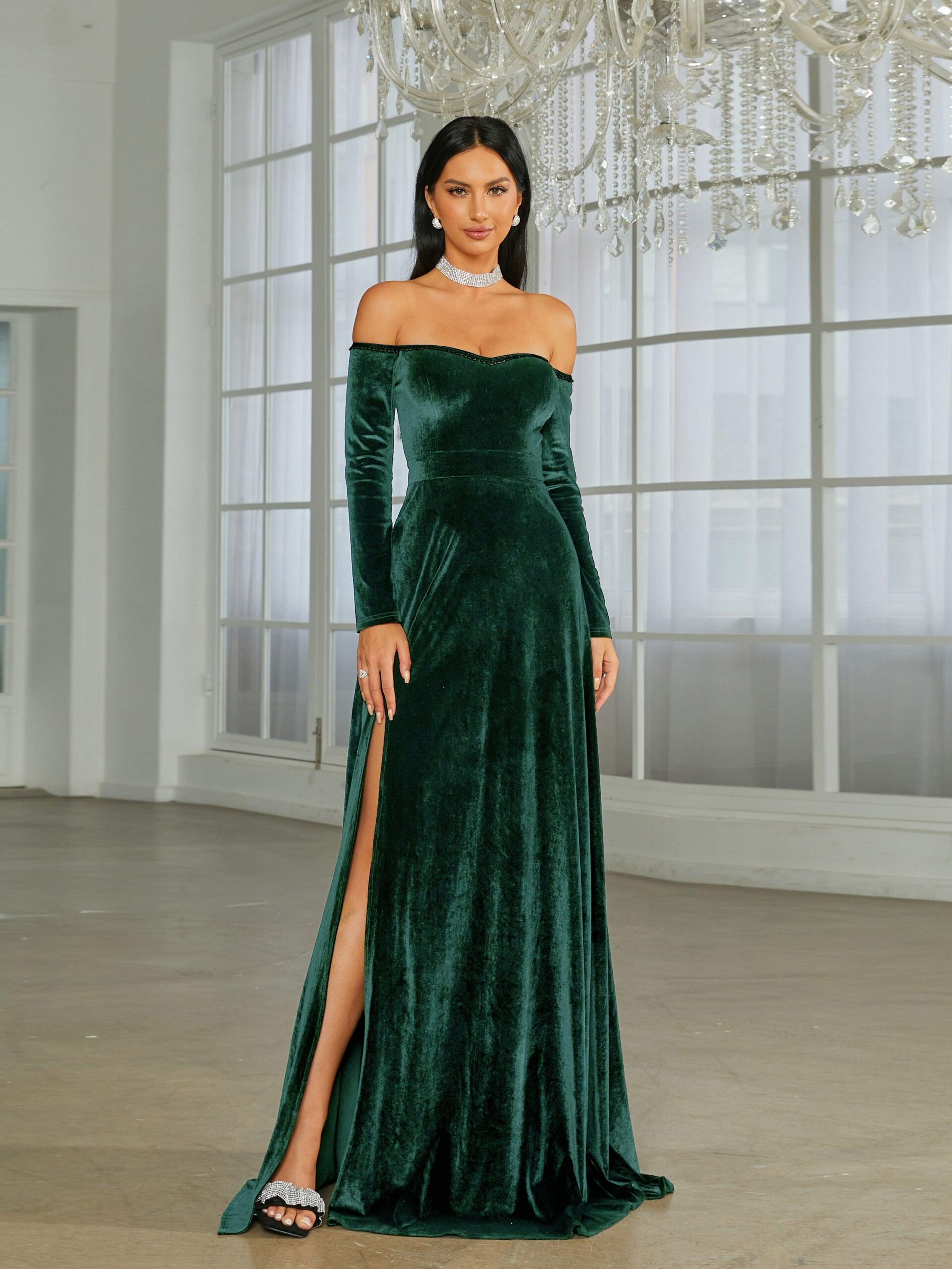 OFF SHOULDER VELVET SPLIT EVENING DRESS