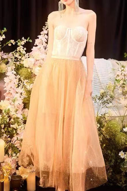 PEACH SPARKLE TULLE CORSET STRAPLESS MIDI DRESS