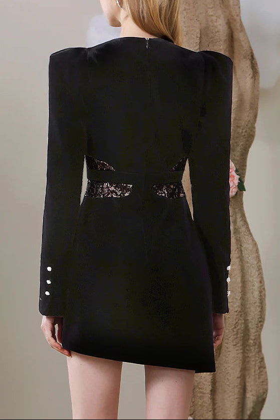 BLACK LACE V-NECK ASYMMETRY MINI BLAZER DRESS