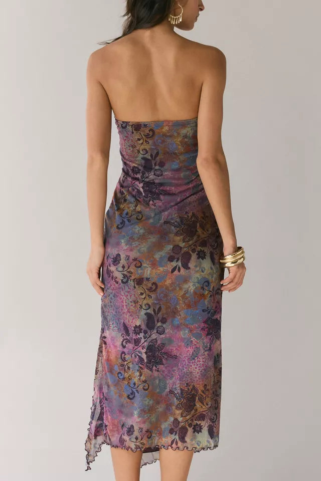 MESH STRAPLESS MIDI DRESS, BODYCON PARTY