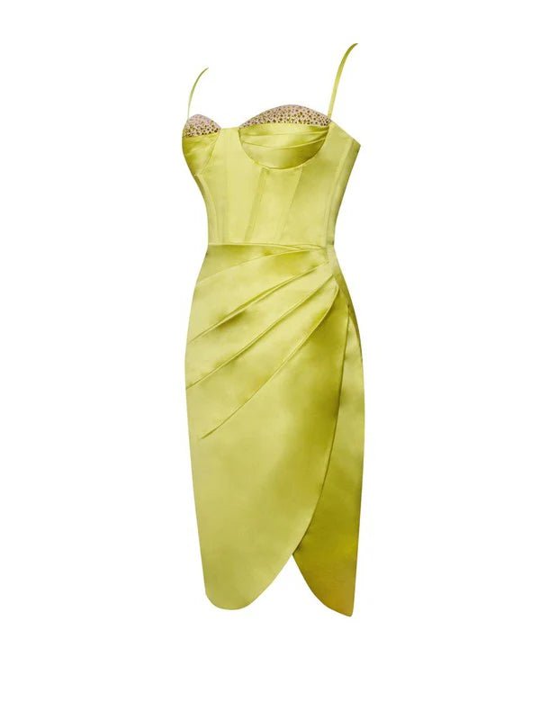 1d7fcbfb-3134-40ab-a6fa-aedab0d80038 LEMON PLEATED SATIN MINI DRESS FOR PARTIES