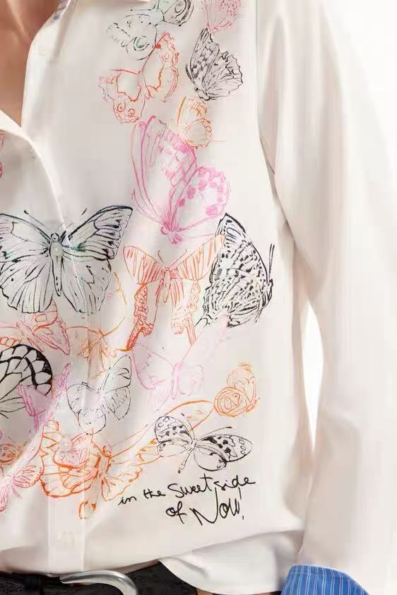 WHITE BUTTERFLY PRINT SHIRT, STRIPED CUFFS, CASUAL