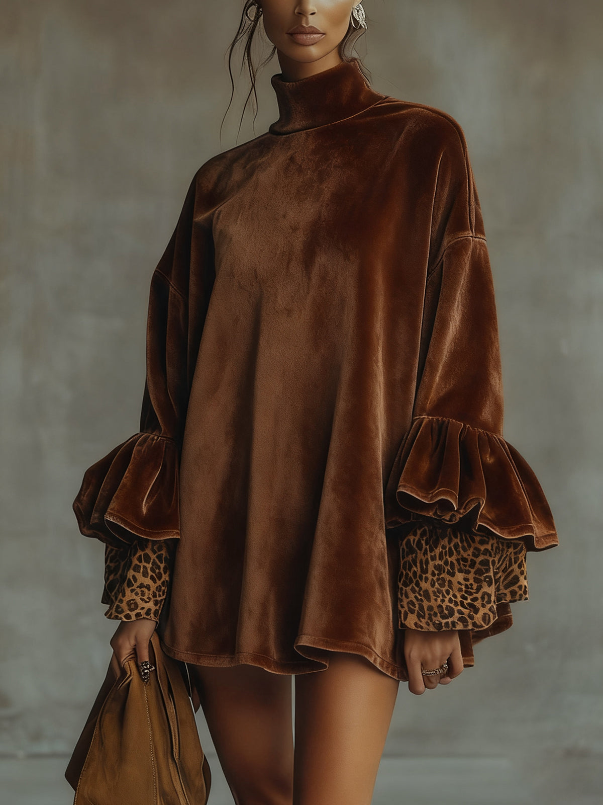 VELVET LEOPARD CUFF FLOUNCE SLEEVE MINI DRESS