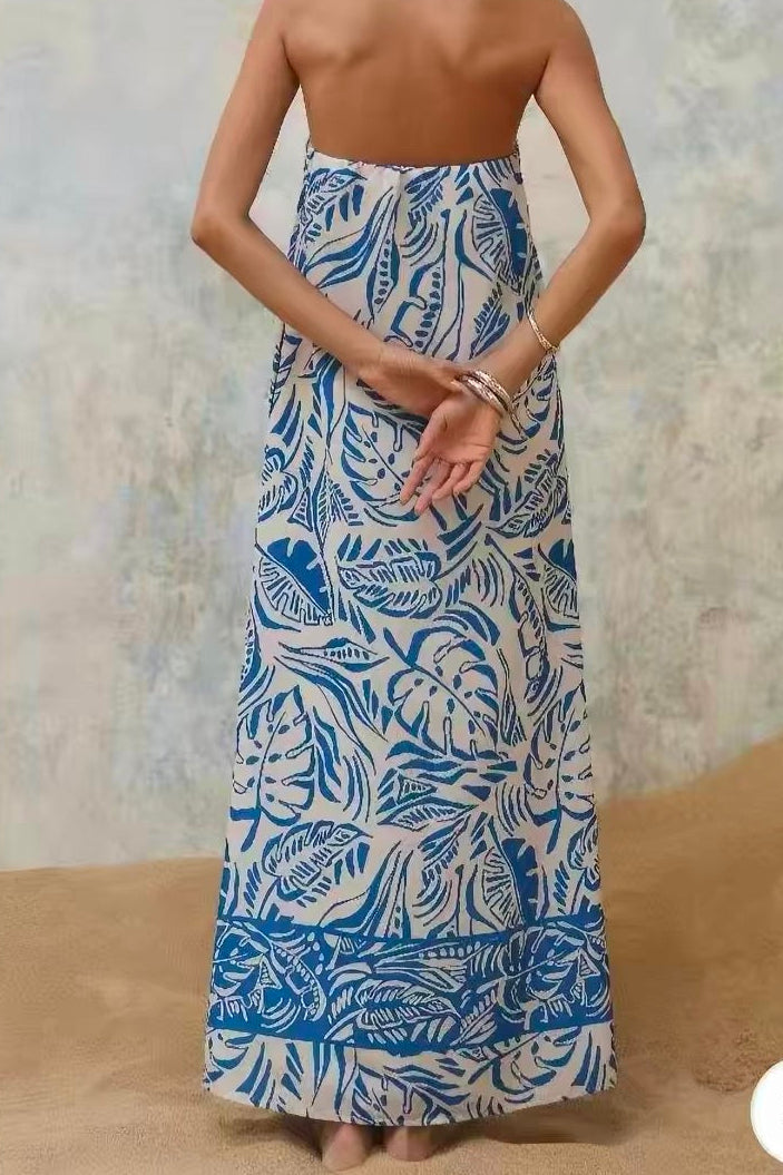 TROPICAL LEAF STRAPLESS MAXI DRESS, BEACH PARTY
