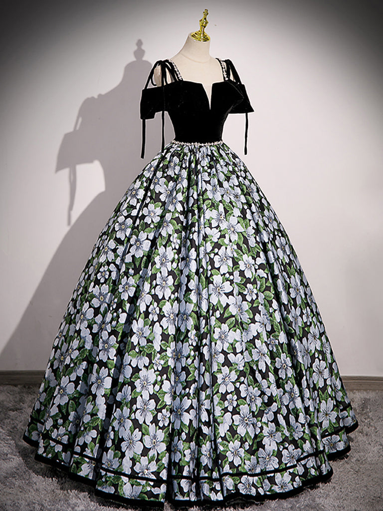 BLACK A-LINE SATIN FLORAL PROM DRESS