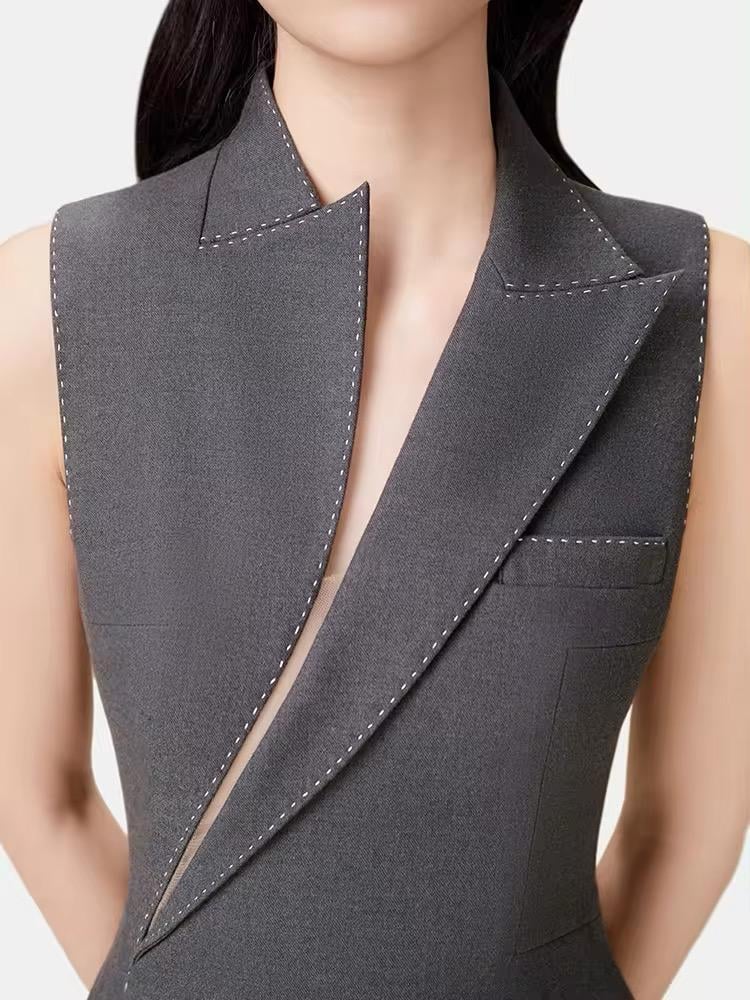 ASYMMETRIC COLLAR BLAZER MIDI DRESS GREY