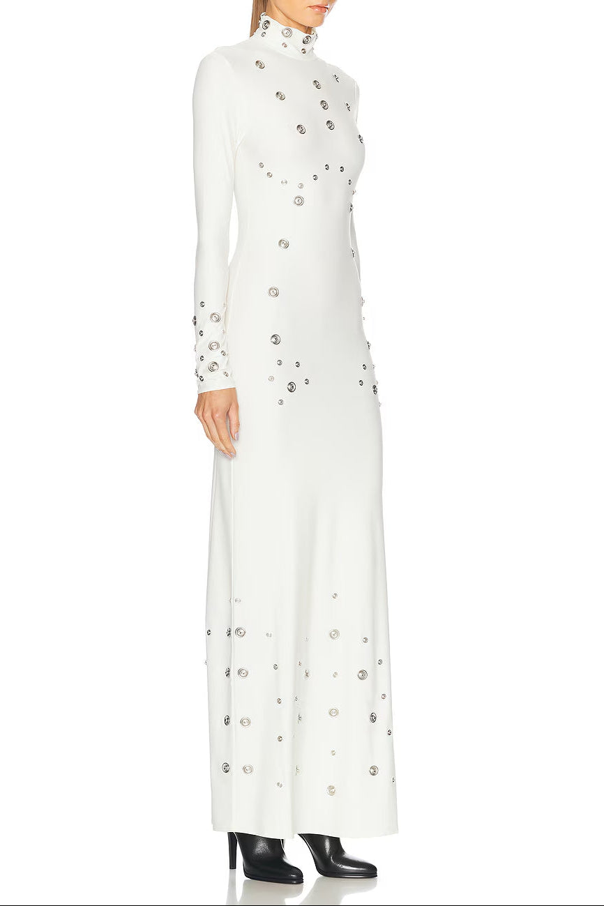 EMBELLISHED STRETCH-JERSEY MAXI DRESS WHITE