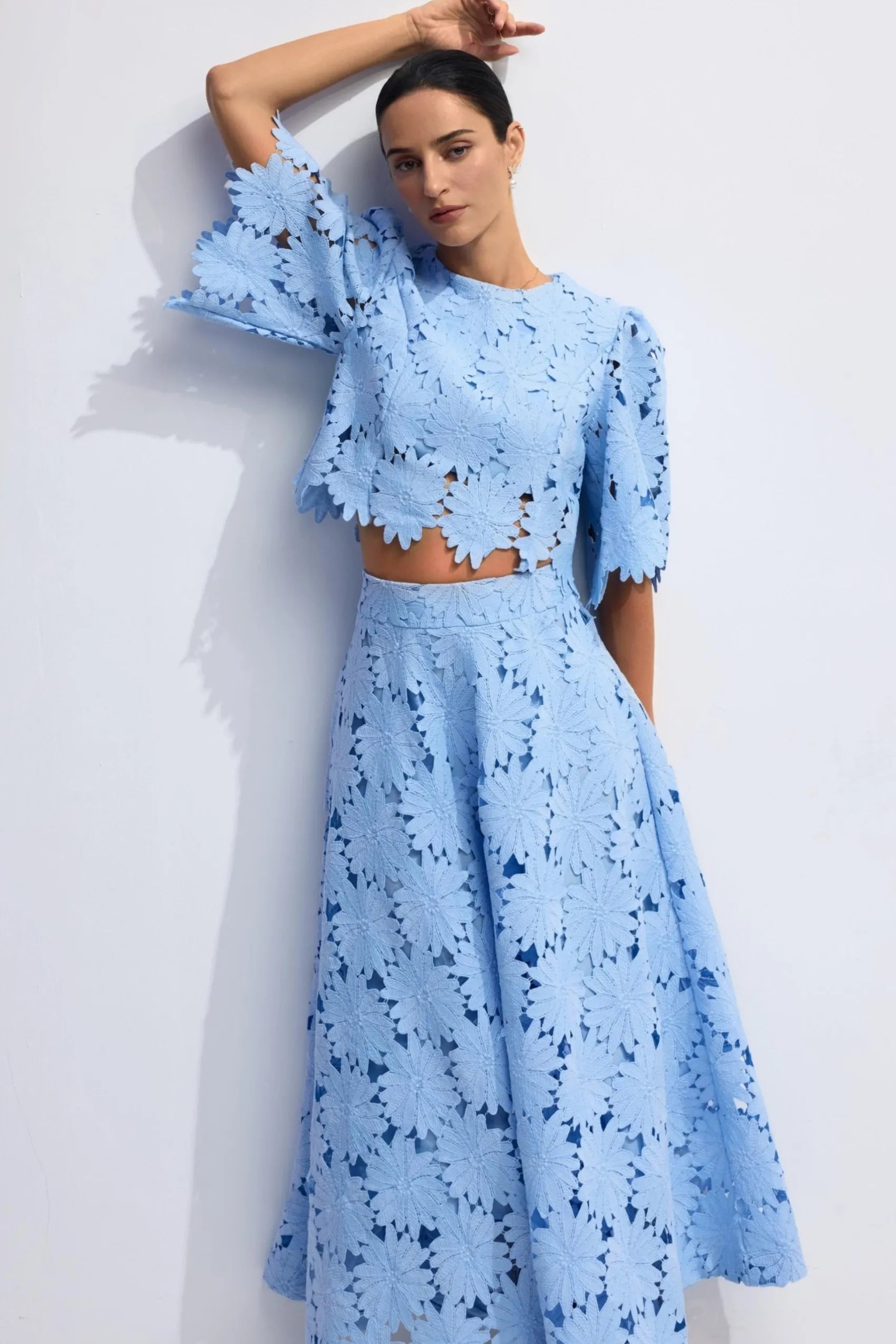 LACE EMBROIDERED BLUE TWO-PIECE SET, MAXI SKIRT, BOHO