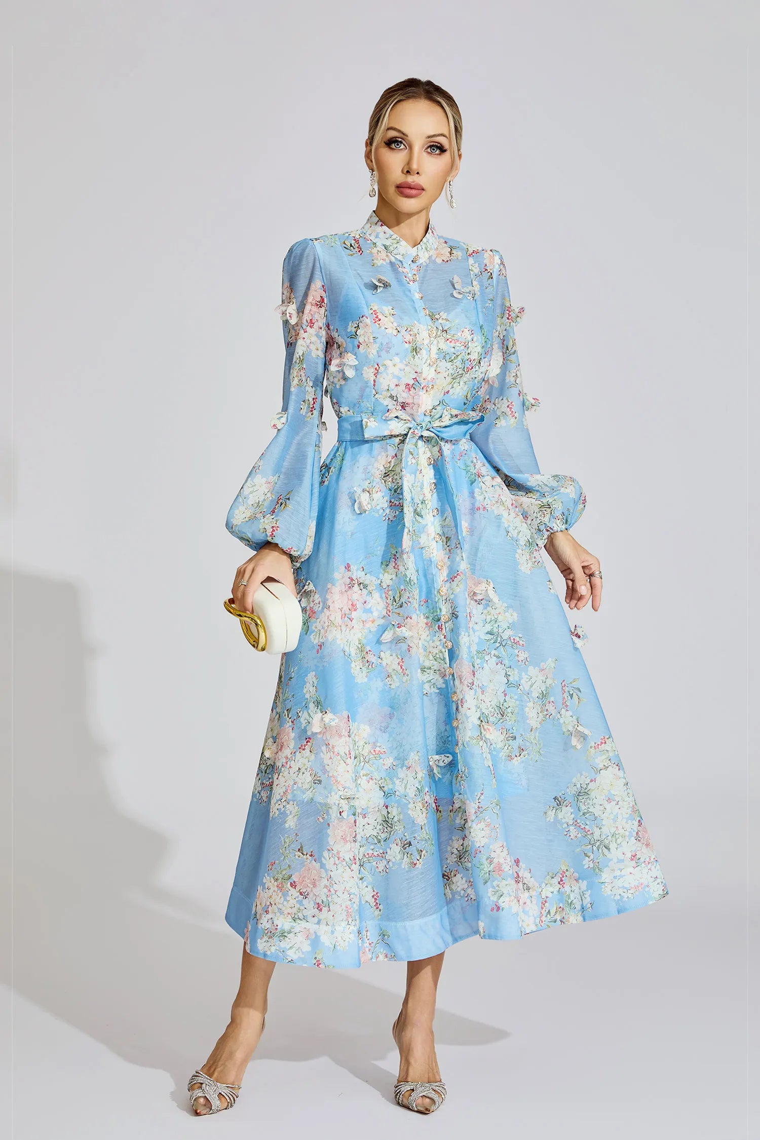 TIFFANY PALE BLUE FLORAL PUFF SLEEVE MAXI DRESS