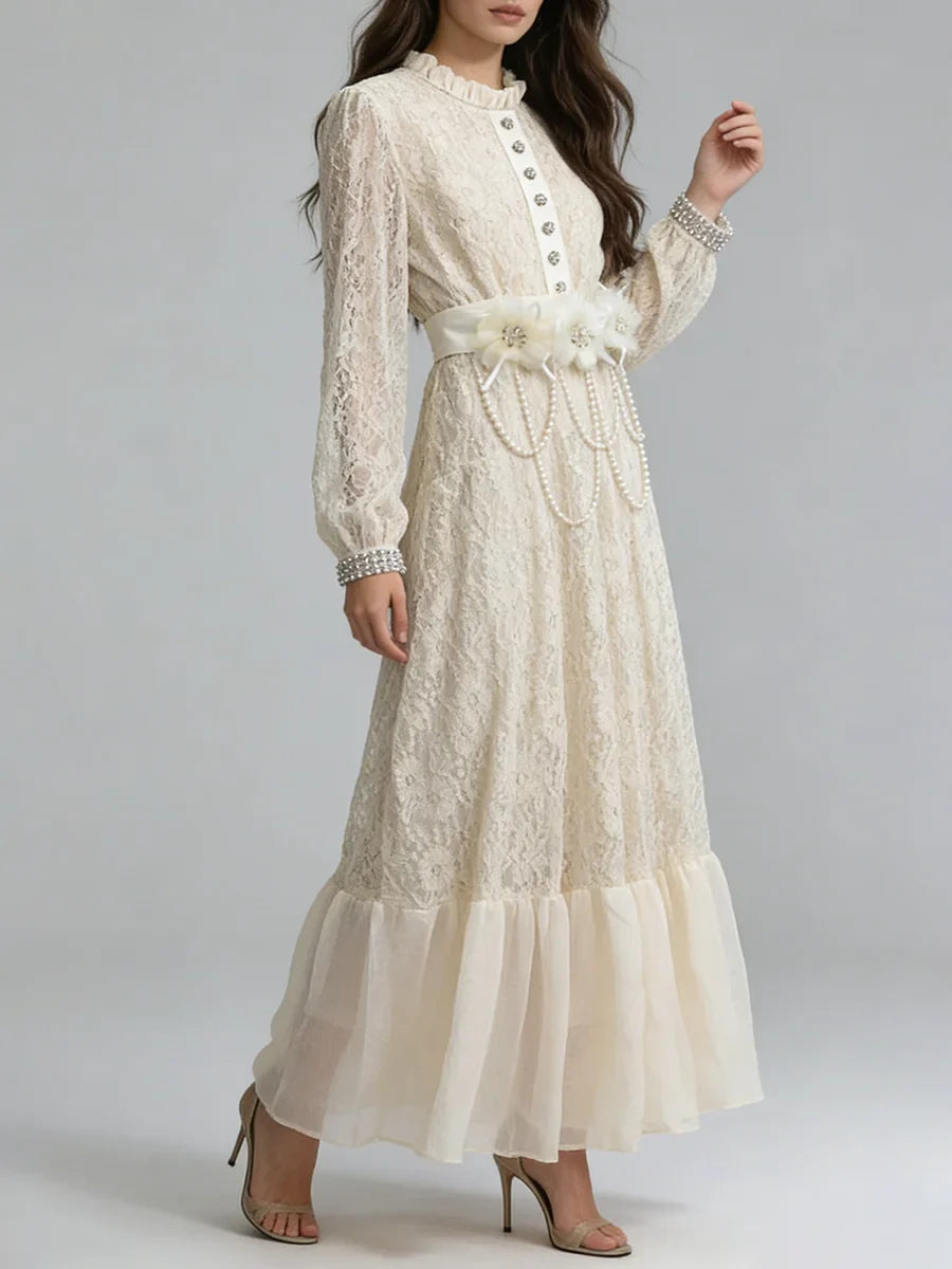3D FLORAL TULLE LACE MAXI DRESS WHITE