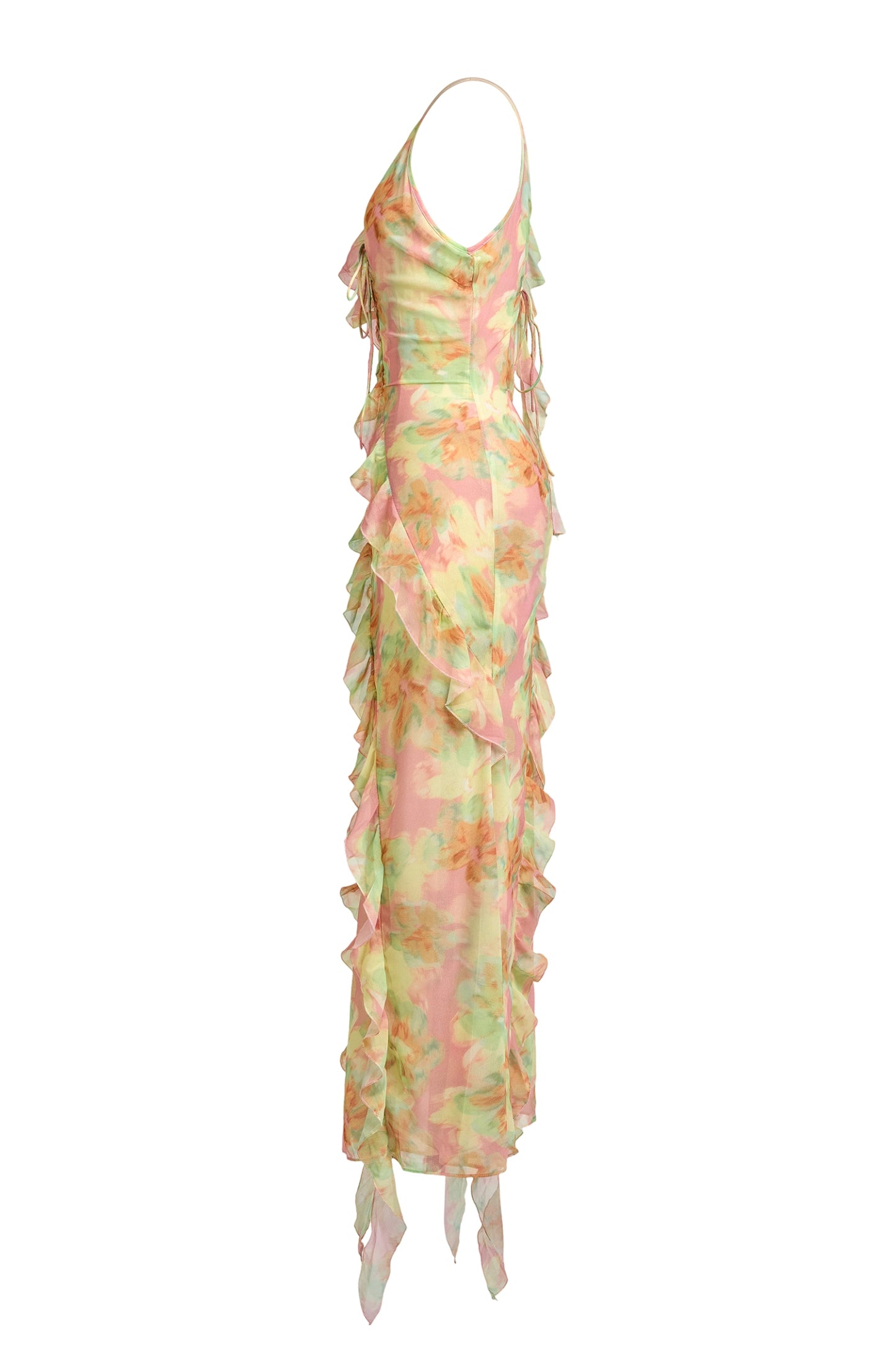 JESSIE TIE DYE V-NECK RUFFLE MIDI DRESS - GREEN