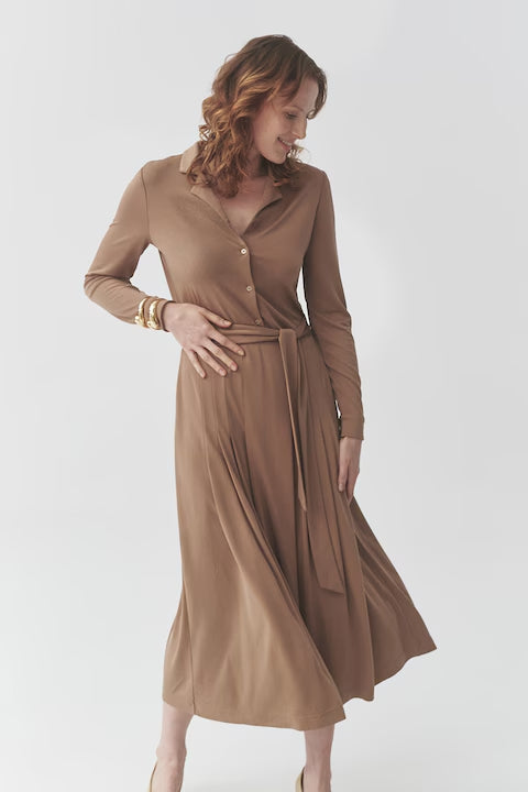 DRAWSTRING WAIST BROWN MIDI DRESS CASUAL